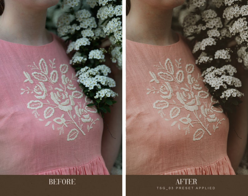 May include: A close-up of a pink linen dress with white embroidered flowers. The dress is worn by a person standing in front of a white flower bush.
