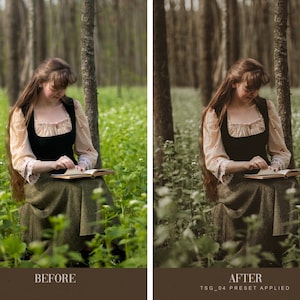 May include: A woman in a forest setting, wearing a black and white dress, sits on a log and reads a book. The forest is filled with green foliage and white flowers.