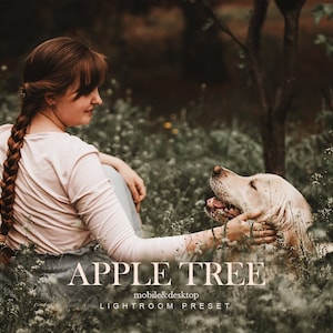 May include: A woman with long brown hair sits in a field of white flowers with a golden retriever dog. The text "APPLE TREE mobile&desktop LIGHTROOM PRESET" is superimposed on the image.
