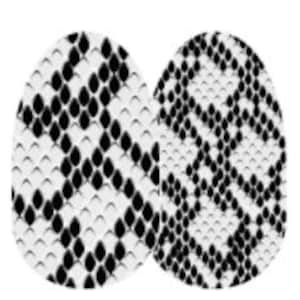 May include: Two white oval-shaped stickers with a black and white snake skin pattern.