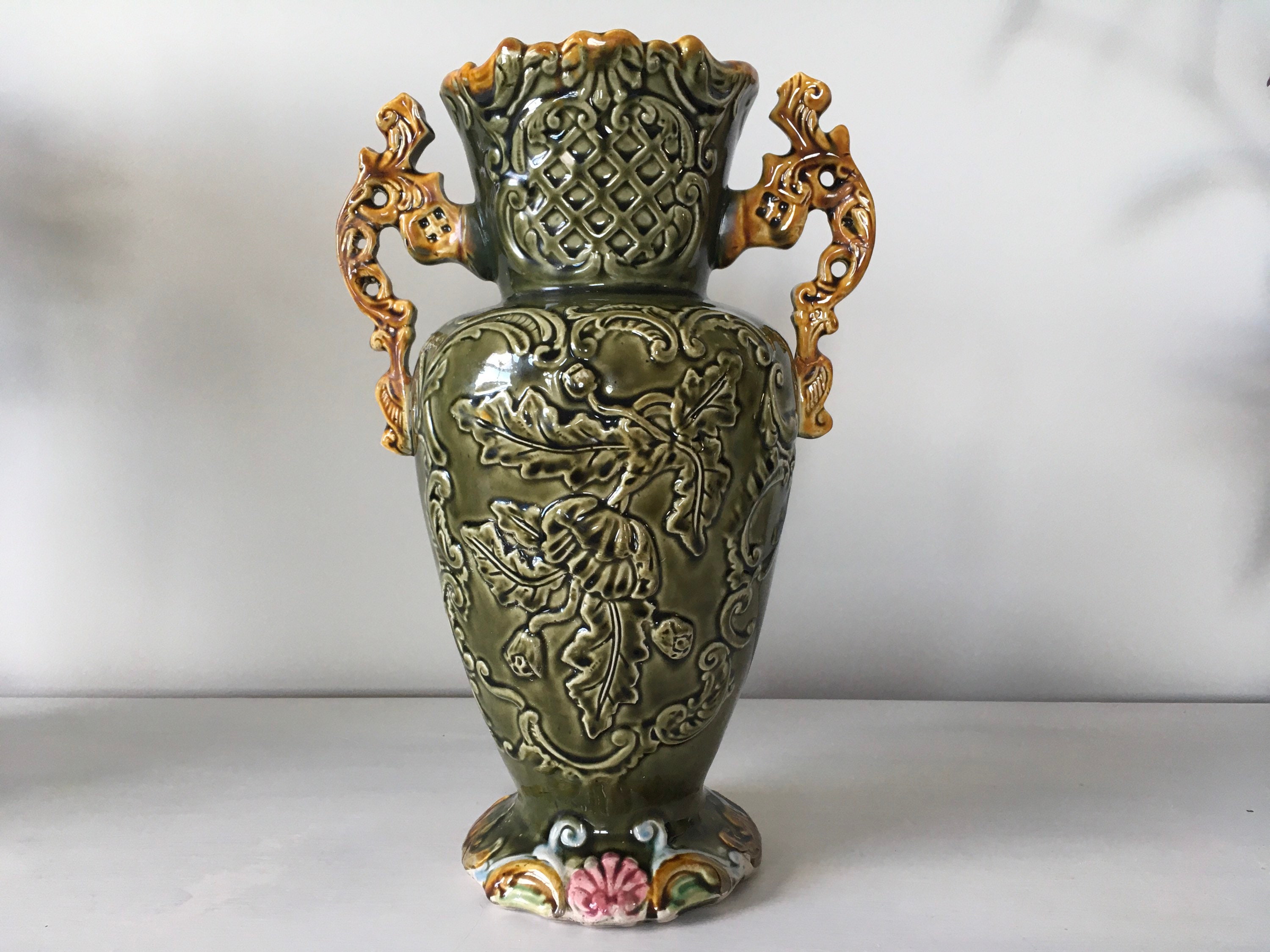 Antique Majolica Floral Green Vase Etsy