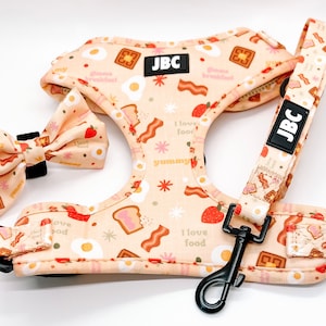 Breakfast / Brunch (Bacon, Eggs & Waffle) Adjustable Dog Harness / Leash and Matching Bow Tie Available