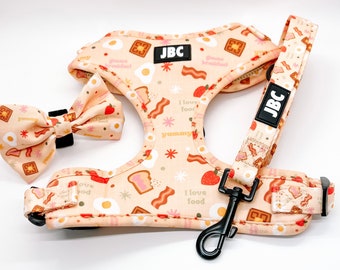 Breakfast / Brunch (Bacon, Eggs & Waffle) Adjustable Dog Harness / Leash and Matching Bow Tie Available