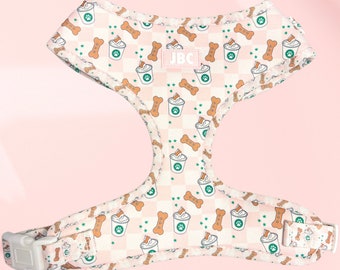 Puppuccino Dog Harness – Pink Starbarks Coffee Print, Adjustable Fit