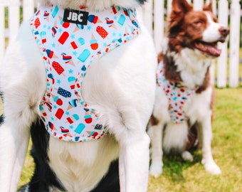 Patriotic Popsicles & Ice-cream Adjustable Dog Harness (Matching Leash and Bow Tie Available) Red, White and Blue, Memorial Day, 4th of July