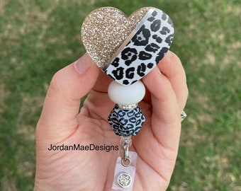 Leopard Heart Badge Reel | Beaded Glitter Badge Reel | Leopard Silver Champagne Badge Reel | Nurse Badge Reel | ID Holder | Badge Holder