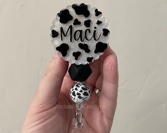 Cow Print Badge Reel | Personalized Beaded Badge Reel | Nursing Badge Reel | Glitter Badge Reel | Retractable Cow Badge Reel | Scallop Badge