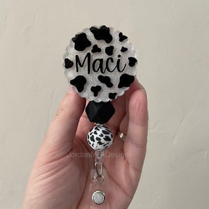 Cow Print Badge Reel | Personalized Beaded Badge Reel | Nursing Badge Reel | Glitter Badge Reel | Retractable Cow Badge Reel | Scallop Badge