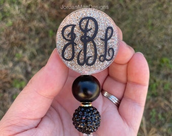 Monogram Badge Reel | Beaded Glitter Badge Reel | Glitter Champagne Badge Reel | Nurse Badge Reel | ID Holder | Badge Holder