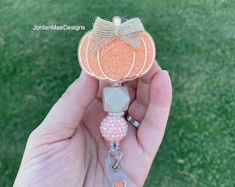 Pumpkin Badge Reel | Beaded Badge Reel | HIGH QUALITY | Nursing Badge Reel | Fall Badge Reel | Retractable Badge Reel | Fall Peach Pumpkin