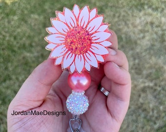 Coral Pink Sunflower Badge Reel | Beaded Badge Reel | Glitter Sunflower Id Holder | Nurse Badge Reel | Retractable Flower Badge Reel