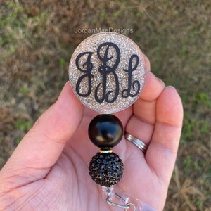 Monogram Badge Reel | Beaded Glitter Badge Reel | Glitter Champagne Badge Reel | Nurse Badge Reel | ID Holder | Badge Holder