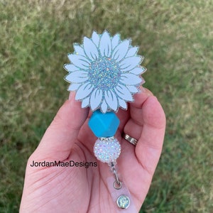 Light Blue Sunflower Badge Reel | Beaded Badge Reel | Glitter Sunflower Id Holder | Nurse Badge Reel | Retractable Flower Badge Reel