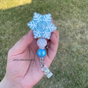 Snowflake Badge Reel | Beaded Badge Reel | Blue Glitter Badge Reel | Christmas Badge Reel | Id Holder | Winter Badge Reel | Nurse Accessory