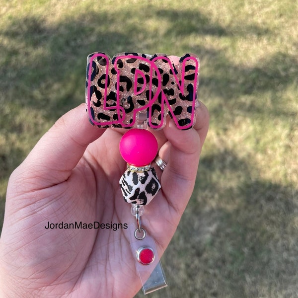 Cheetah LPN Badge Reel | LPN Beaded Badge Reel | Hot Pink LPN Leopard Badge Reel | Leopard Badge Reel | Retractable Leopard Badge Reel