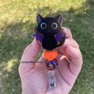 Bat Cat Halloween Badge Reel | Beaded Badge Reel | Nursing Badge Reel | Cat Badge Reel | Retractable Badge Reel | Glitter Spooky Badge Reel