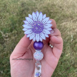 Purple Sunflower Badge Reel | Beaded Badge Reel | Glitter Sunflower Id Holder | Nurse Badge Reel | Retractable Flower Badge Reel