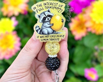 Sarcastic Badge Reel | Beaded Badge Reel | Nurse Glitter Id Holder | Raccoon Badge Reel | Funny Badge Reel | Not Easy Peasy Lemon Squeezy