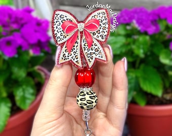 Red Cheetah Bow Badge Reel | Beaded Badge Reel | HIGH QUALITY | Nursing Badge Reel | Leopard Badge Reel Leopard Bow Badge Reel