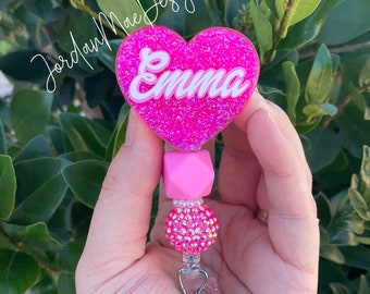 Hot Pink Heart Badge Reel | Beaded Glitter Badge Reel | Personalized Badge Reel | Medical Badge Reel | ID Holder | Badge Holder | Nurse Reel