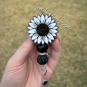 Black Sunflower Badge Reel | Beaded Badge Reel | Glitter Sunflower Id Holder | Nurse Badge Reel | Black and White Flower Badge Reel