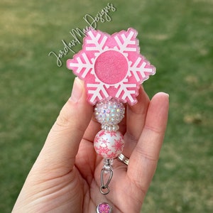Snowflake Badge Reel | Beaded Badge Reel | Pink Glitter Badge Reel | Christmas Badge Reel | Id Holder | Winter Badge Reel | Nurse Accessory