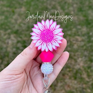 Neon Pink Sunflower Badge Reel | Beaded Badge Reel | Glitter Sunflower Id Holder | Nurse Badge Reel | Retractable Flower Badge Reel