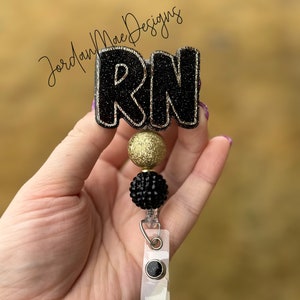 Black and Gold RN Badge Reel | RN Beaded Badge Reel | Glitter Badge Reel | Retractable Badge Reel | Work ID Badge Reel | Badge Holder