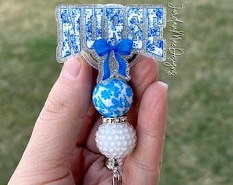 Nurse Badge Reel | Blue Nurse Badge Reel | Floral Nurse Badge Reel | Blue Bow Beaded Badge Reel | Nurse Badge Gift | ID Badge Holder
