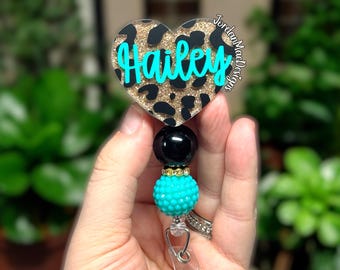 Turquoise Cheetah Heart Badge Reel | Beaded Badge Reel | HIGH QUALITY | Nursing Badge Reel | Leopard Badge Reel | Leopard Badge Reel