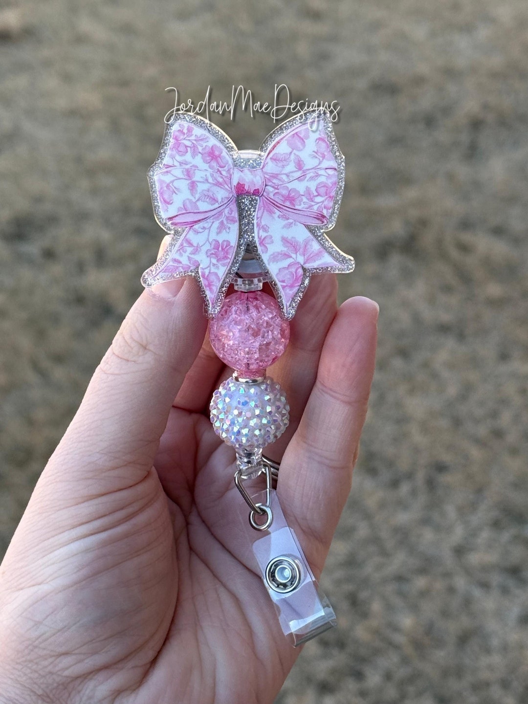 Pink Floral Bow Badge Reel | Coquette Bow Beaded Badge Reel | Coquette ...