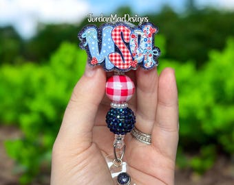 USA Badge Reel | Forth Of July Badge Reel | America Badge Reel | Beaded Badge Reel | Plaid USA Badge Reel | Bow Badge Reel