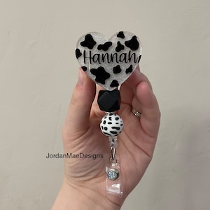 Heart Cow Print Badge Reel | Personalized Beaded Badge Reel | Nursing Badge Reel | Glitter Badge Reel | Retractable Cow Badge Reel