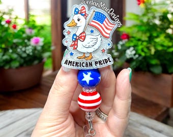 USA Goose Badge Reel | Forth Of July Badge Reel | America Badge Reel | Beaded Badge Reel | Red White Blue Badge Reel | Independence Day Reel