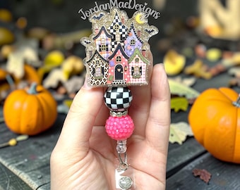Cute Pink Haunted House Halloween Badge Reel | Beaded Badge Reel | Fall Badge Reel | Boutique Badge Reel | Glitter Spooky Badge Reel