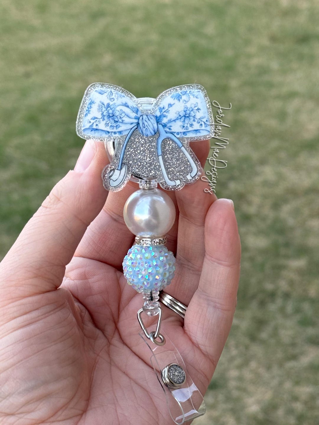 Light Blue Floral Stethoscope Bow Badge Reel | Coquette Bow Beaded ...