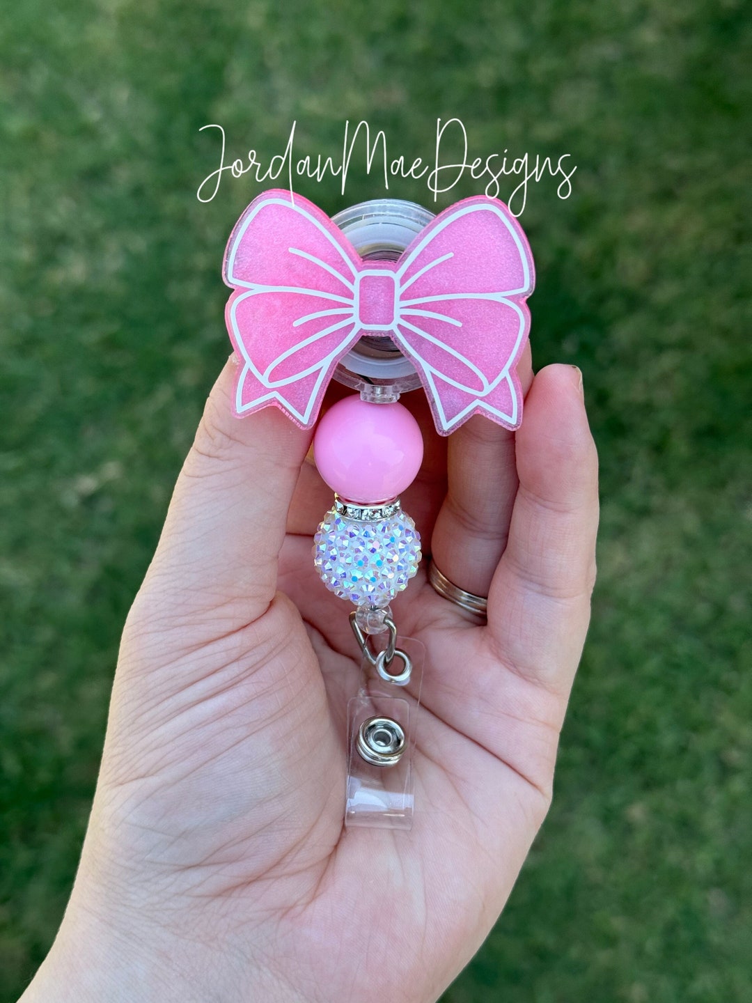 Pink Bow Badge Reel | Coquette Bow Beaded Badge Reel | Coquette Ribbon ...