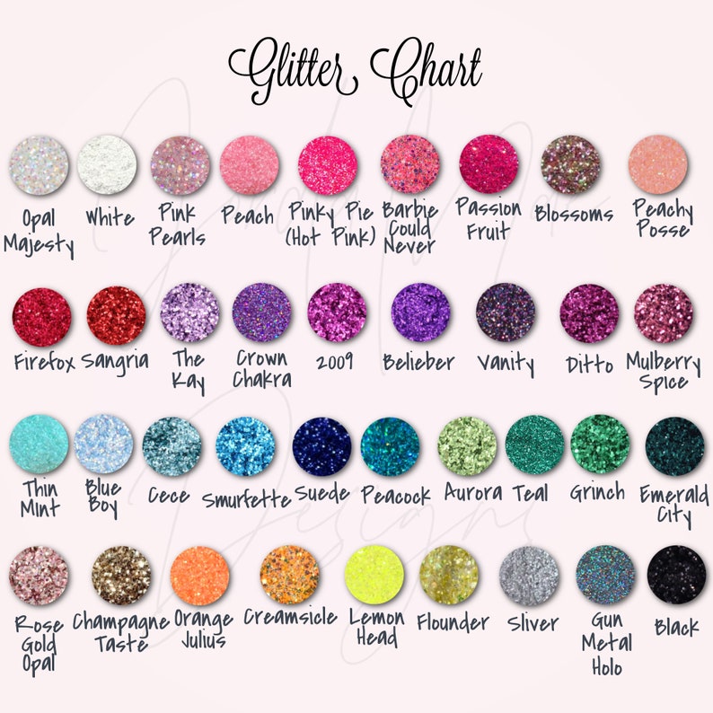 Puede incluir: Un gr&aacute;fico que muestra diferentes colores de purpurina con nombres para cada color. Los colores de purpurina incluyen rosa, azul, verde, rojo, naranja, amarillo, blanco, negro y plateado.