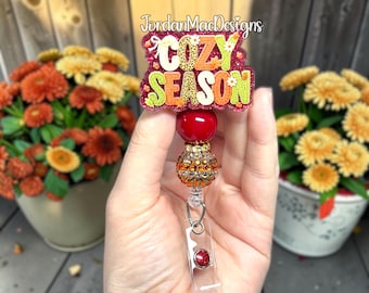 Cozy Season Badge Reel | Bow Beaded Badge Reel | Thanksgiving Glitter Badge Reel | Fall Badge Reel | Id Holder | Faux Yarn Badge Reel