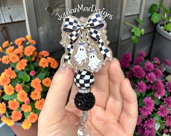 Checkered Bow Ghost Badge Reel | Cute Ghost Beaded Badge Reel | Halloween Badge Reel | Boutique Badge Reel | Spooky Fall Badge Reel