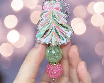 Pink Christmas Tree Badge Reel | Christmas Tree Badge | Beaded Badge Reel | HIGH QUALITY | Nursing Badge Reel | Pink Christmas Badge Reel