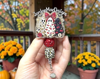 Ghost Halloween Badge Reel | Cherry Ghost Beaded Badge Reel | Spooky Ghost Badge Reel | Leopard Badge Reel | Boutique Badge Reel