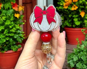 Red and Gold Bow Pumpkin Badge Reel | Beaded Badge Reel | Nursing Badge Reel | Fall Badge Reel | Fall Red Pumpkin Glitter Reel
