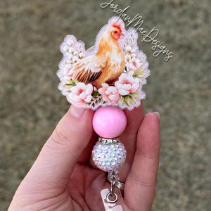 Chicken Badge Reel | Pink Floral Chicken Beaded Badge Reel | Beaded Glitter Id Holder | Flower Badge Reel | Spring Badge Reel