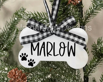 Personalized Dog Bone Christmas Ornament | Pet Christmas Ornament | Animal Christmas Ornaments | Paw Print Christmas Ornaments