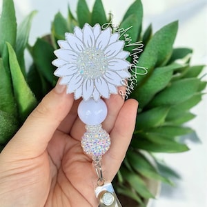 White Sunflower Badge Reel | Beaded Badge Reel | Glitter Sunflower Id Holder | Nurse Badge Reel | Retractable Flower Badge Reel