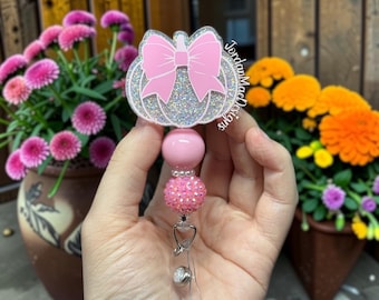 Pink Bow Pumpkin Badge Reel | Beaded Badge Reel | HIGH QUALITY | Boutique Badge Reel | Fall Pumpkin Badge Reel | Thanksgiving Badge Reel
