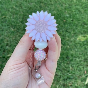 Holographic Pink Sunflower Badge Reel | Beaded Badge Reel | Glitter Sunflower Id Holder | Nurse Badge Reel | Retractable Flower Badge Reel