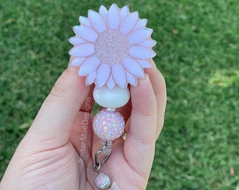Holographic Pink Sunflower Badge Reel | Beaded Badge Reel | Glitter Sunflower Id Holder | Nurse Badge Reel | Retractable Flower Badge Reel