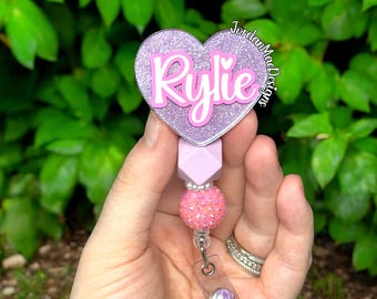 Pastel Purple Heart Custom Badge Reel | Beaded Glitter Badge Reel | Personalized Badge Reel | Medical Badge Reel | Pink Badge Reel Holder